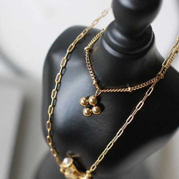 NEW 18K Gold Plated Bead Clover Pearl Flower Vase Double Layer Chain Necklace - Picture 11 of 12